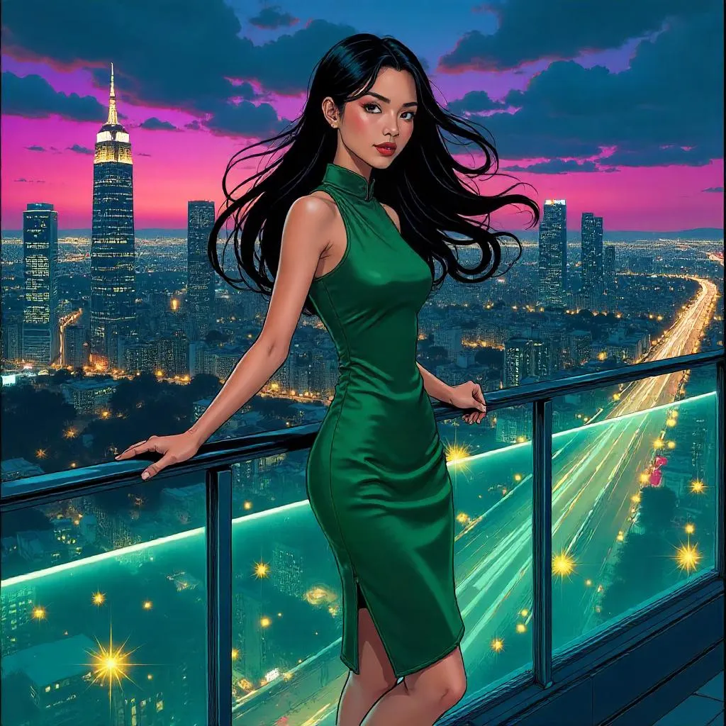 Elegant Asian Balcony Heroine in Comic Style