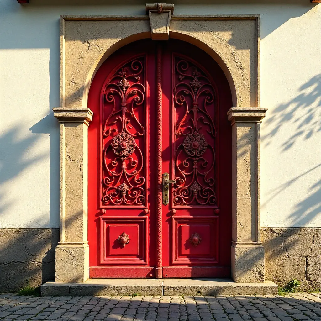 Striking Red Wrought Iron Door on White Textured Wall