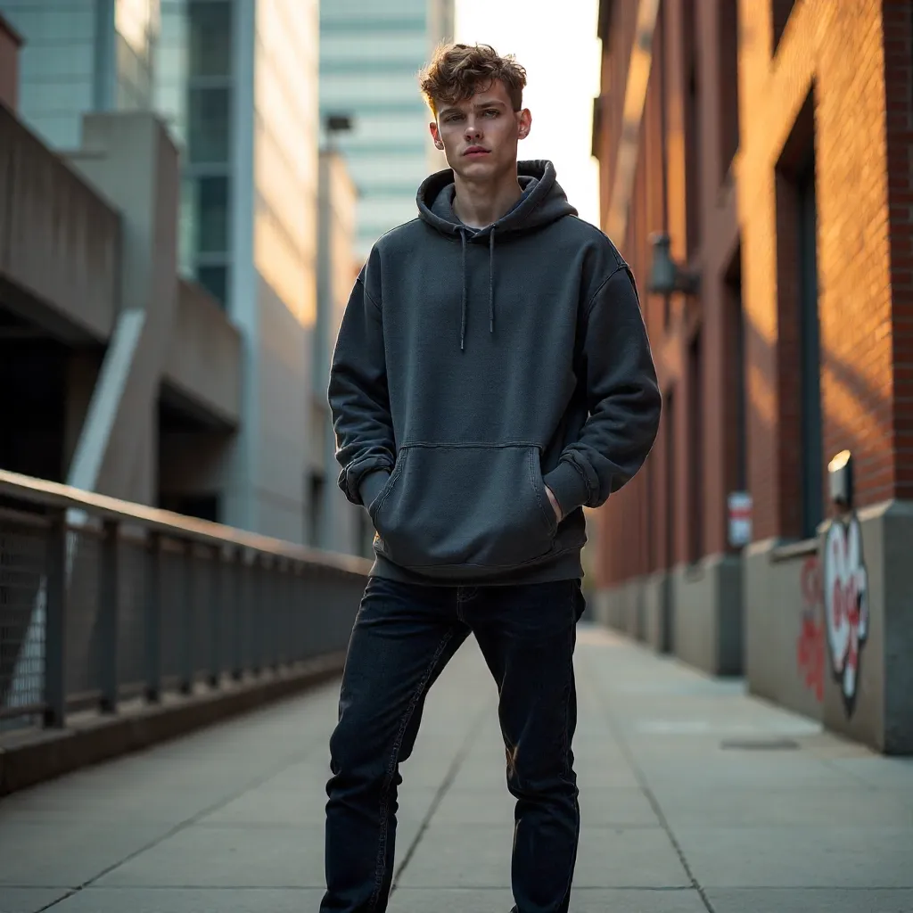 Urban Cozy Hoodie, Stylish Youth in City Architecture