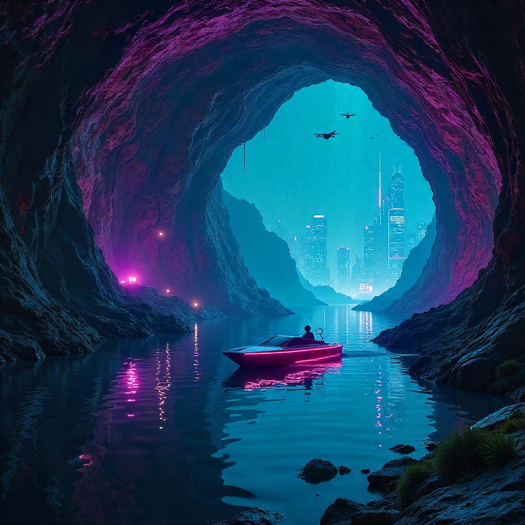 Neon Lake in a Subterranean Cyberpunk Cave