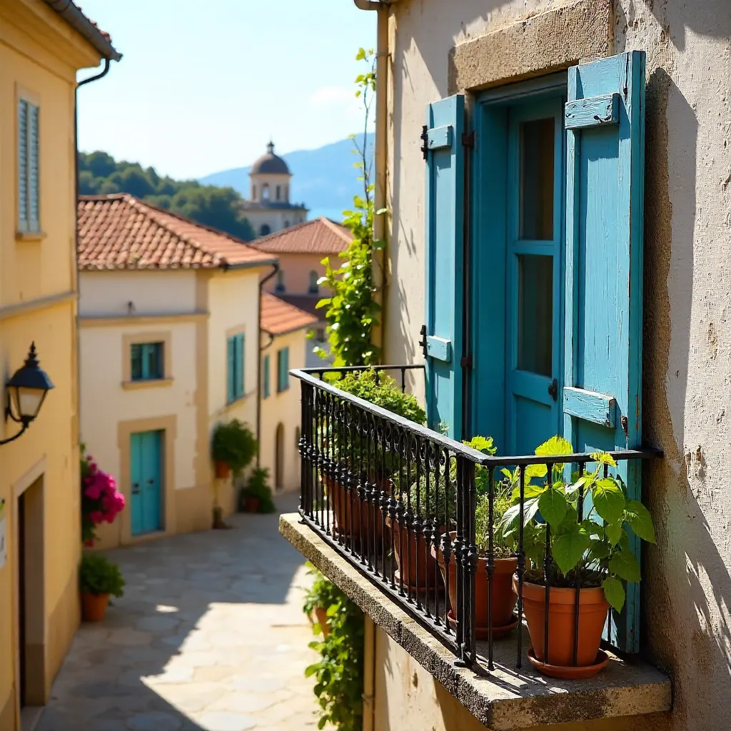 Charming Corfu Balcony with Potted Plants