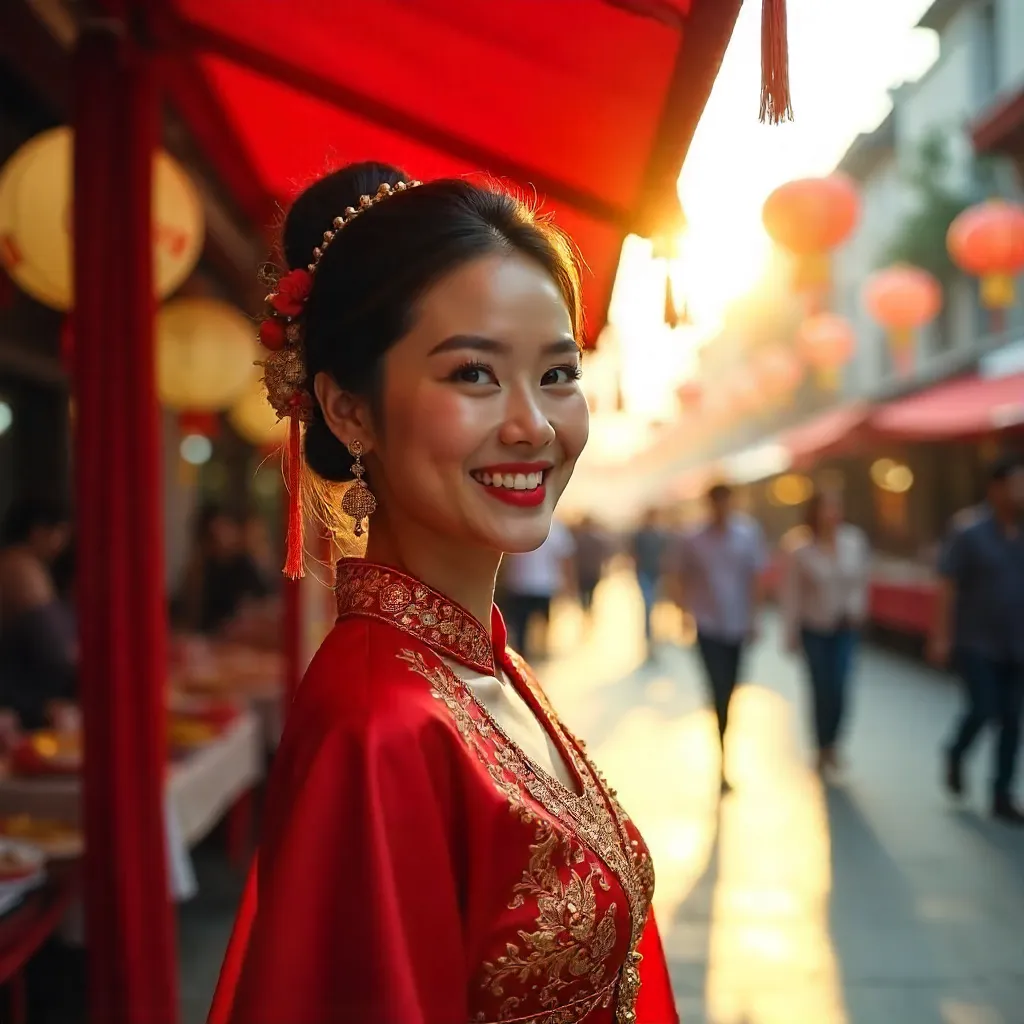 Smiling Woman in Red Festival Costume Under a Red Tent