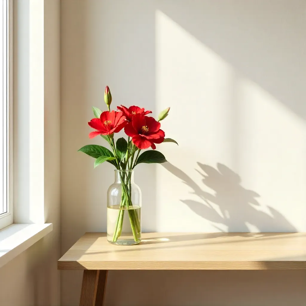 Minimalist Indoor Scene: Red Flower Bouquet on Table