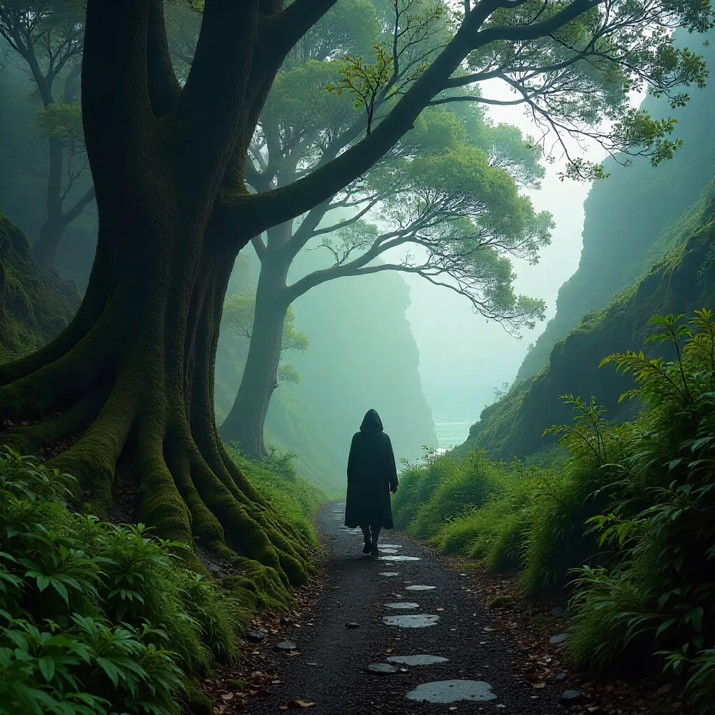 Solitary Figure in Misty Madeira Forest: Tranquil Mystery