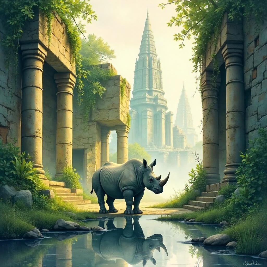 A Watercolor Rhino in a Lost City
