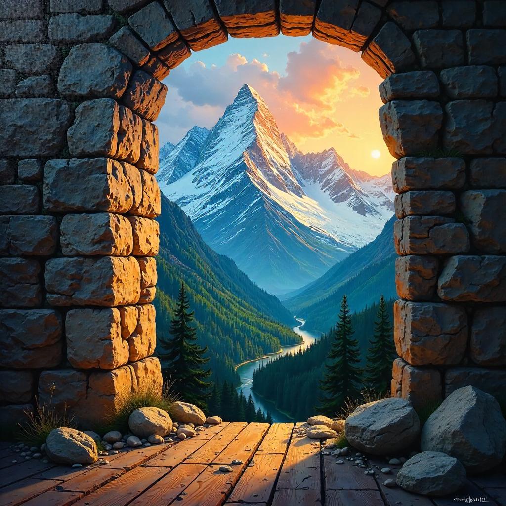 Mountain Panorama Through a Tower Window in Oil