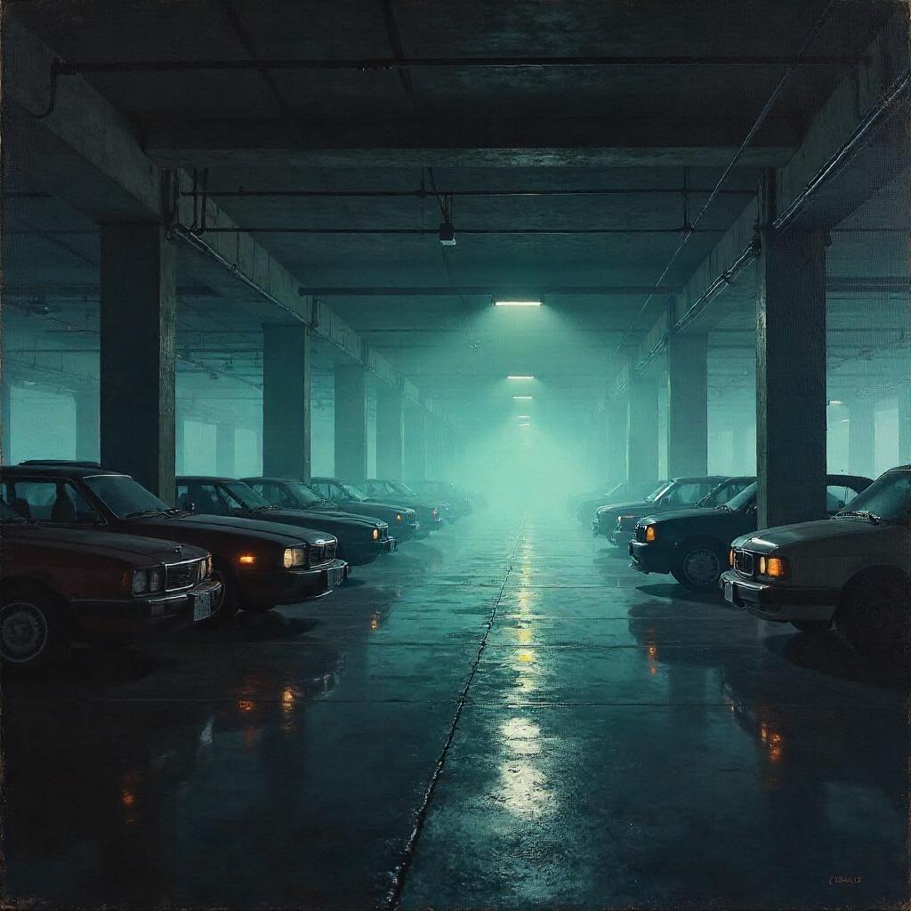 Mist Over Concrete: An Oil Painting in a Parking Garage