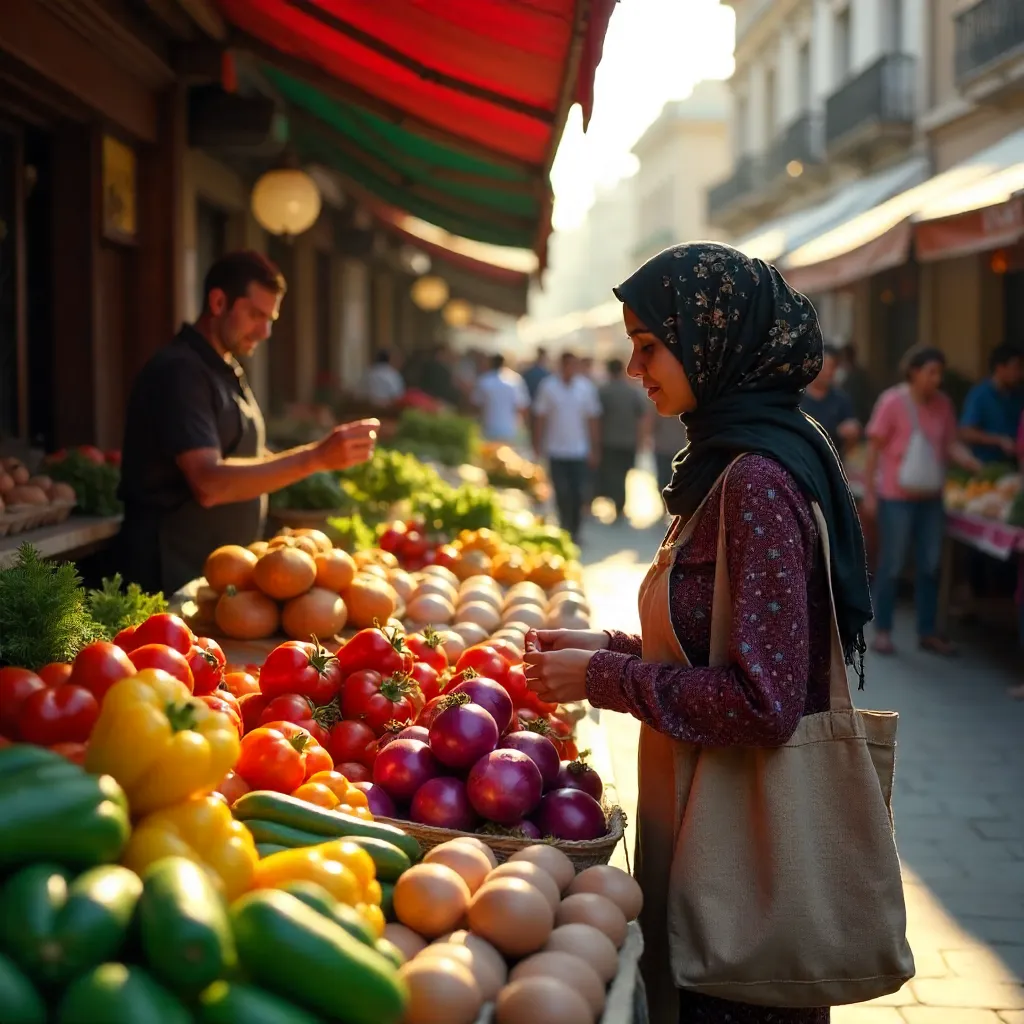 Bustling Market Stall: Hijab-Clad Shopper