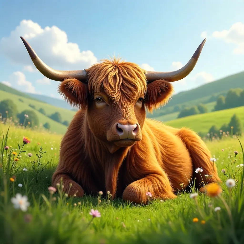 Tranquil Highland Cow in a Sunlit Meadow