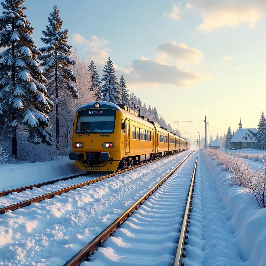 Yellow Train Through Snowy Jönköping Landscape