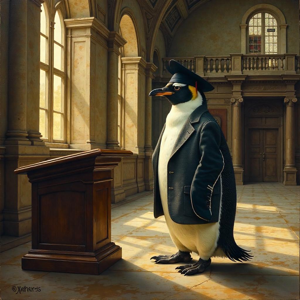 Penguin Scholar in a Grand University Hall