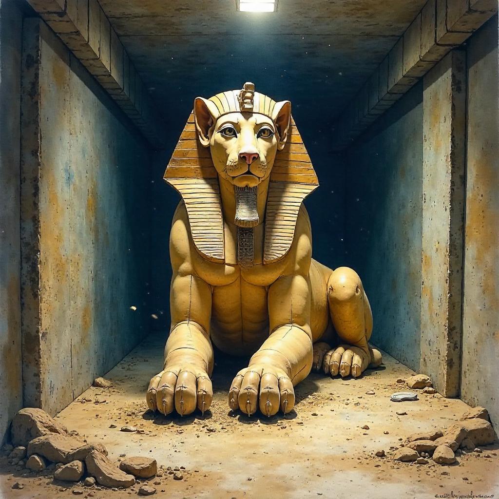 Watercolor Sphinx in a Dim Underground Bunker