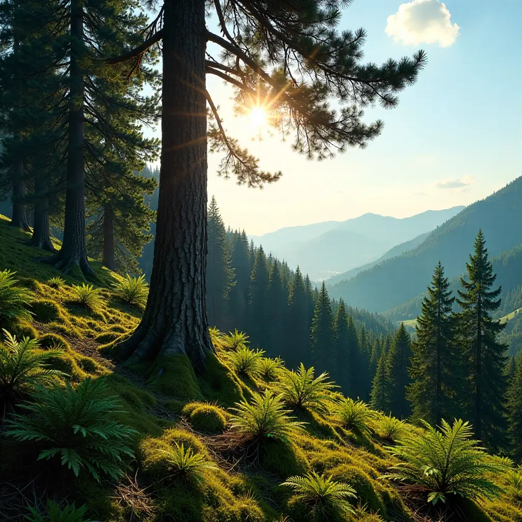 Tall Pine Amid Vast Evergreen Forest