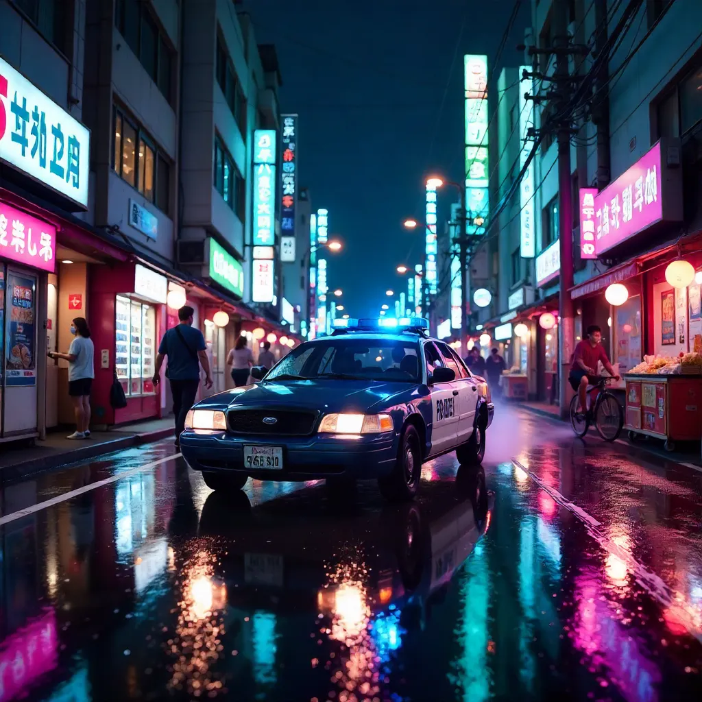 Tokyo Night Police Car Racing Through Neon Streets