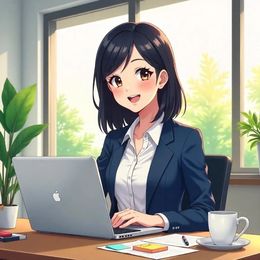 Cheerful Asian Woman in an Anime Office