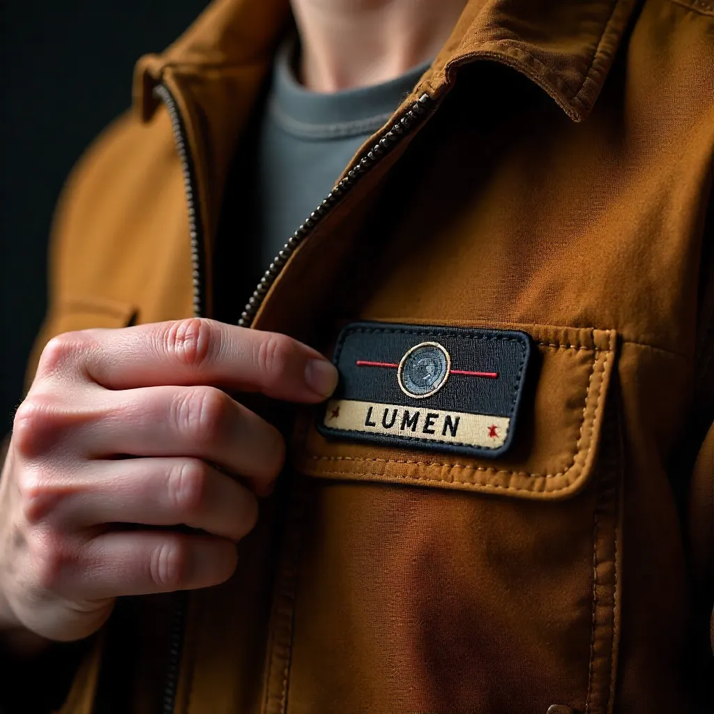 Close-up of a brown jacket with fictional LUMEN patch