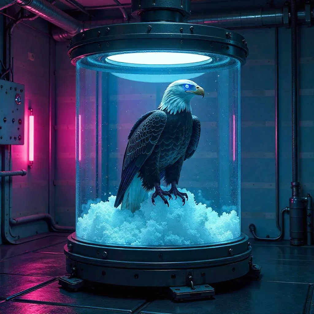 Cryo-Eagle in a Neon Cyberpunk Stasis Chamber