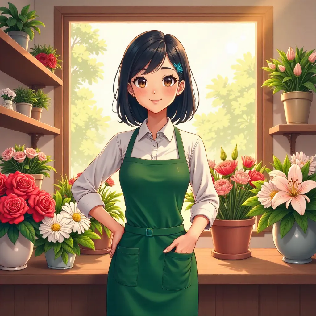 Confident Asian Woman in a Flower Shop - Anime Style