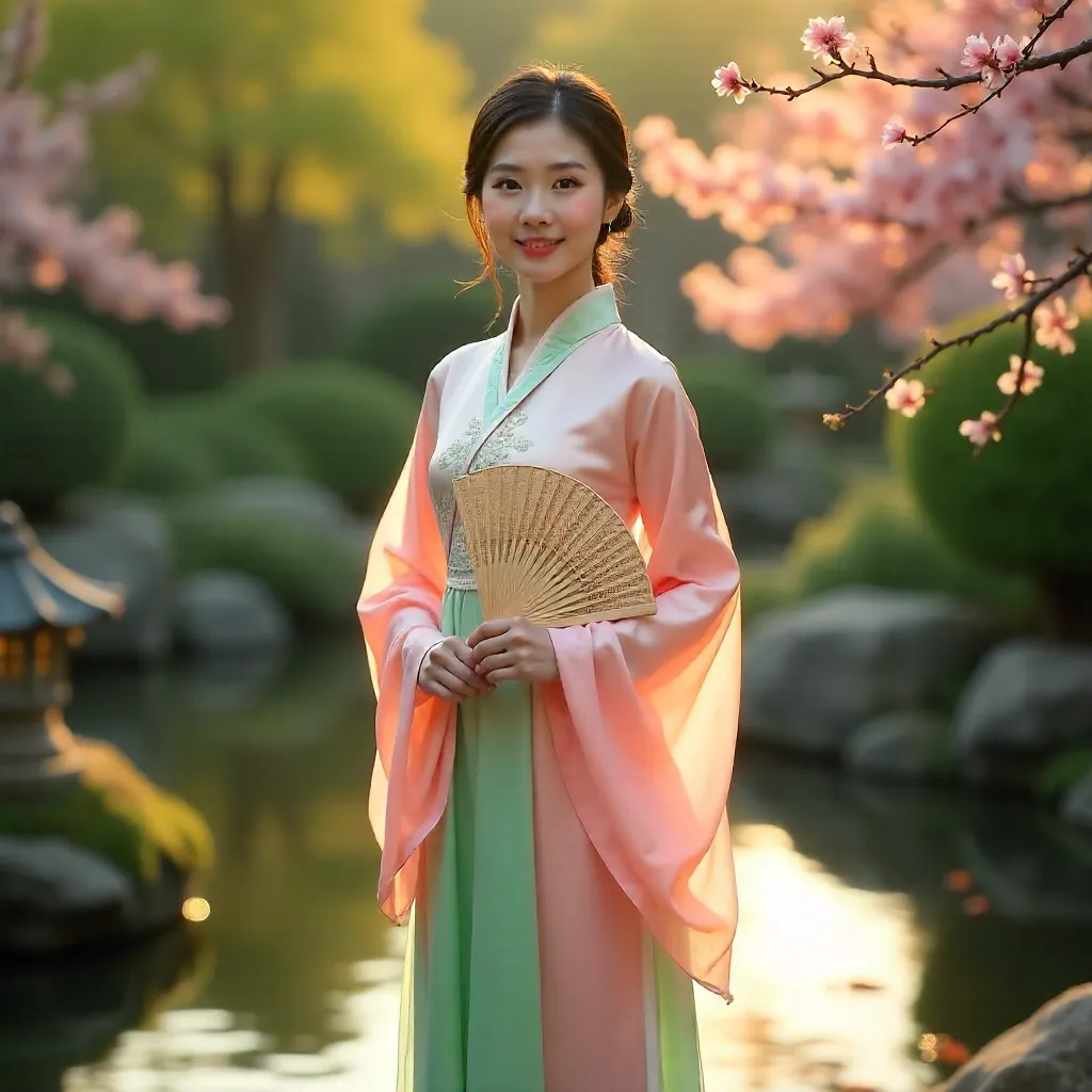 Elegant Grace in Silk Hanfu with Folding Fan Outdoors