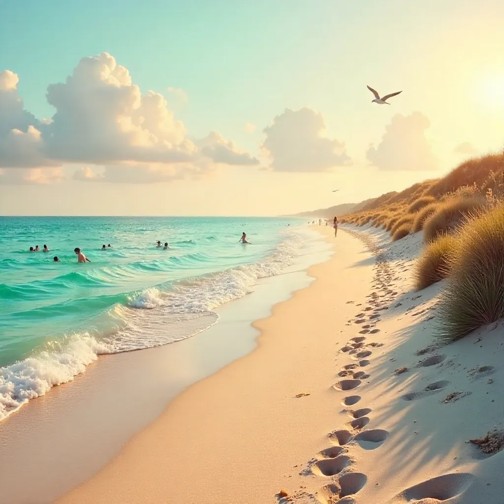 Peaceful Summer Beach with Gentle Waves and Distant Swimmers