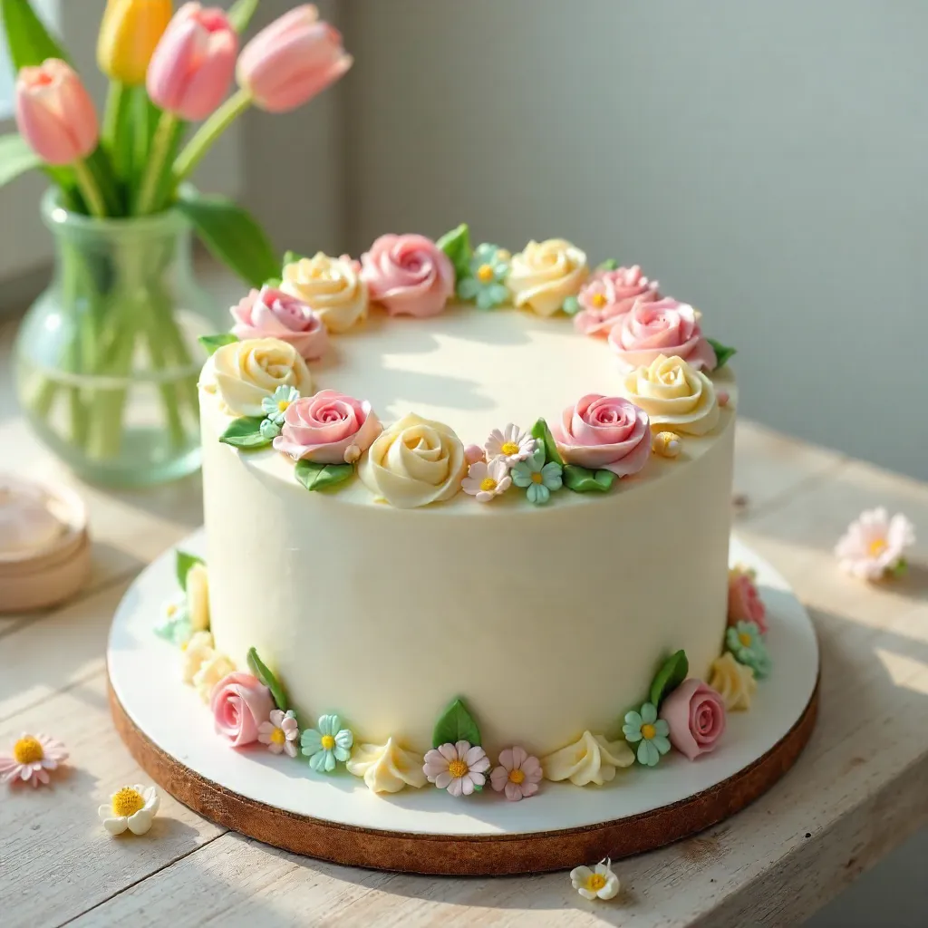 Decorative Easter Cake Among Spring Blossoms