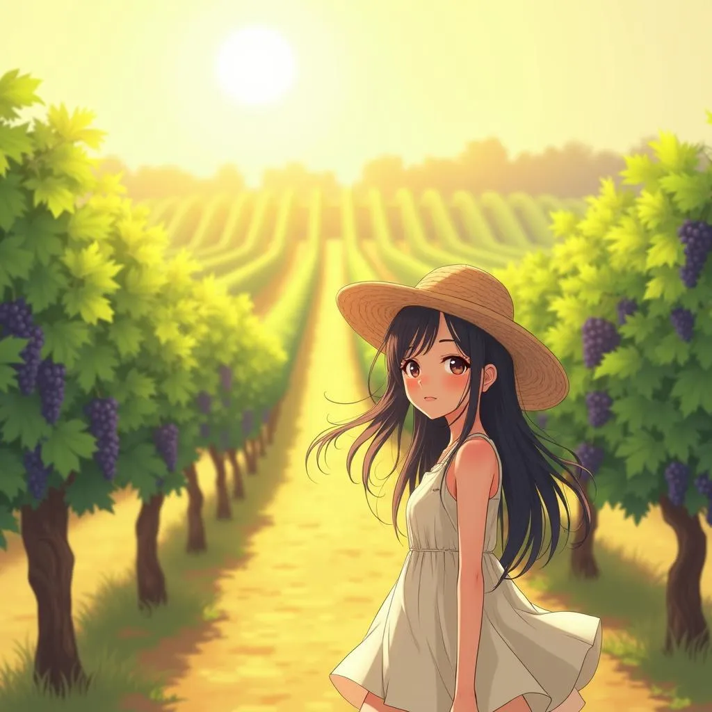 Sunlit Vineyard Anime Portrait of a Young Asian Woman