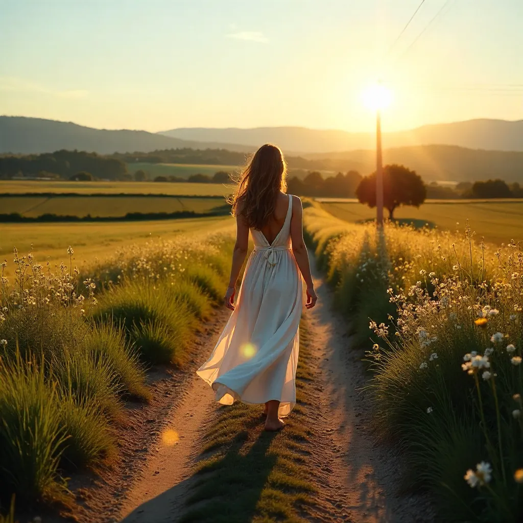 Serene Rural Path: Woman in Flowing Dress