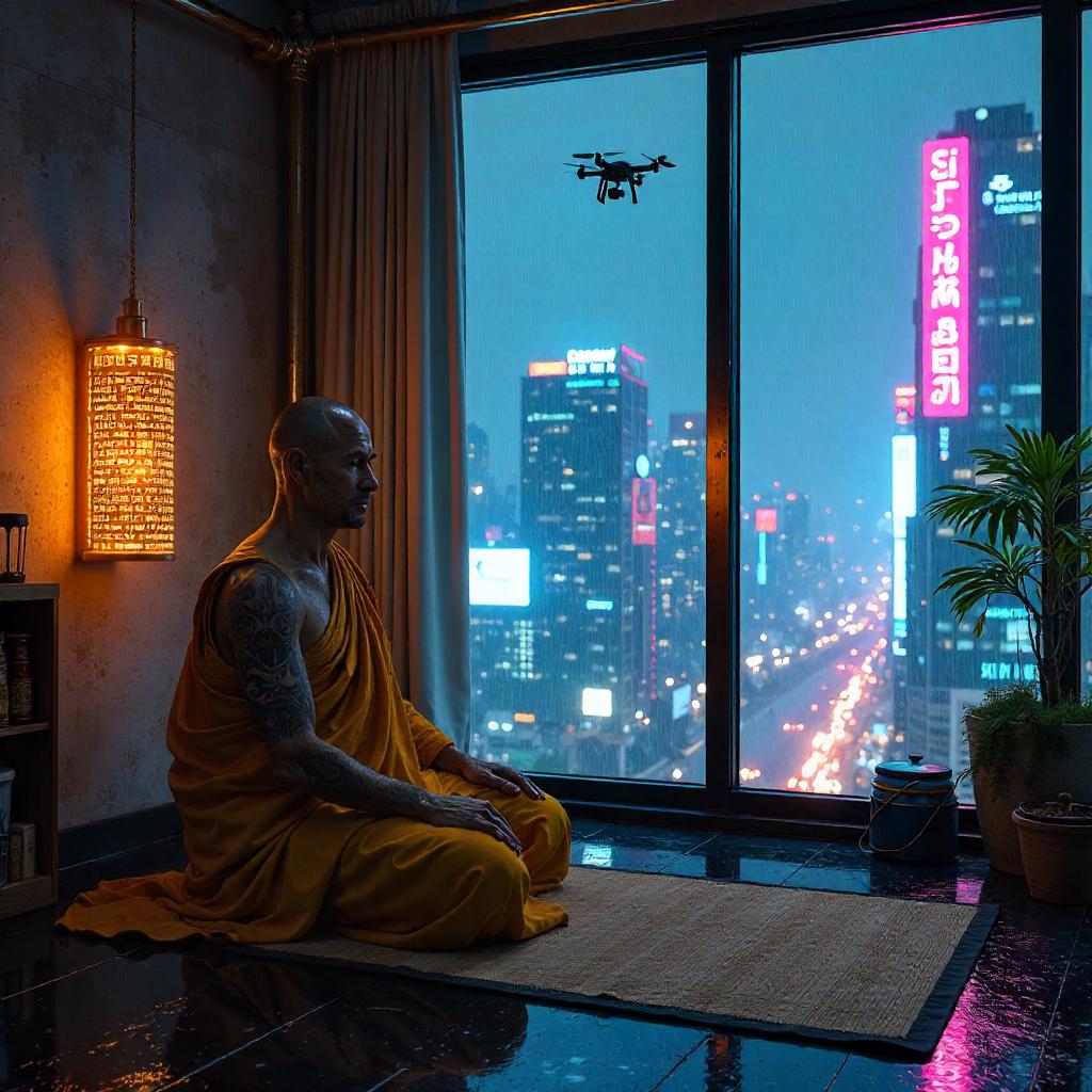 Neon Monk in a Cyberpunk Apartment