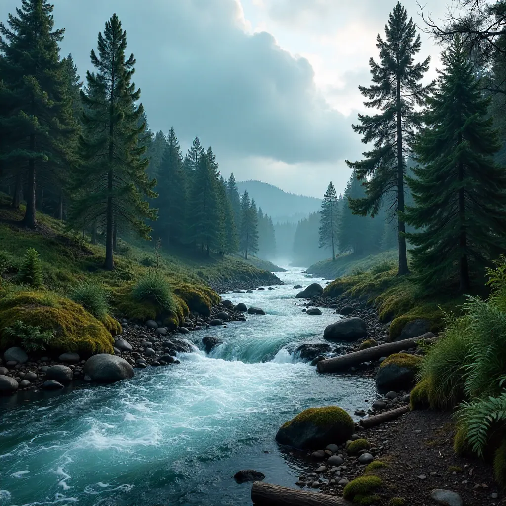 Foamy River in a Mossy Spruce Forest