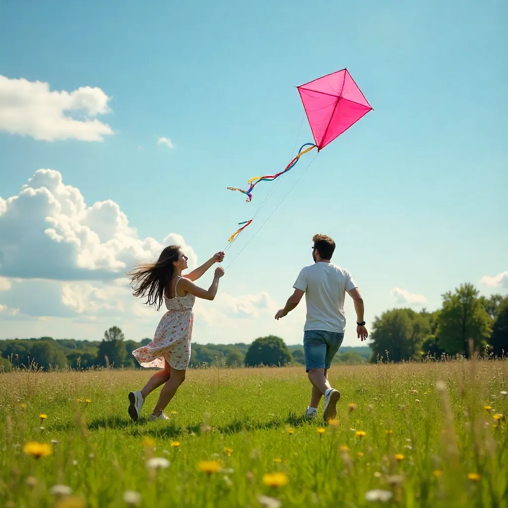 Two Young Adults Fly a Pink Kite in a Sunny Meadow