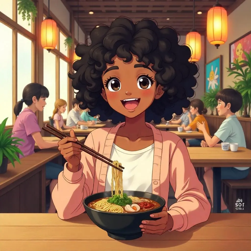 Cheerful Black Girl in a Cozy Anime Restaurant
