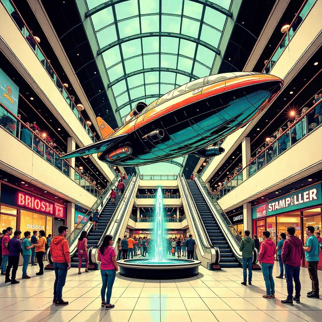 Spaceship in a Neon Comic Mall Showdown