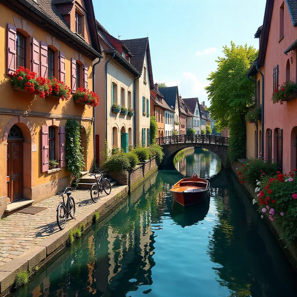 Sunlit Colmar Canal: Timbered Houses in Bloom
