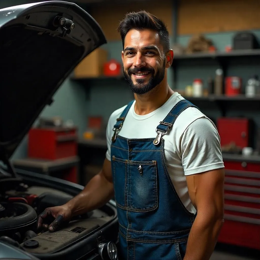 Handsome Latino Mechanic in a Busy Garage