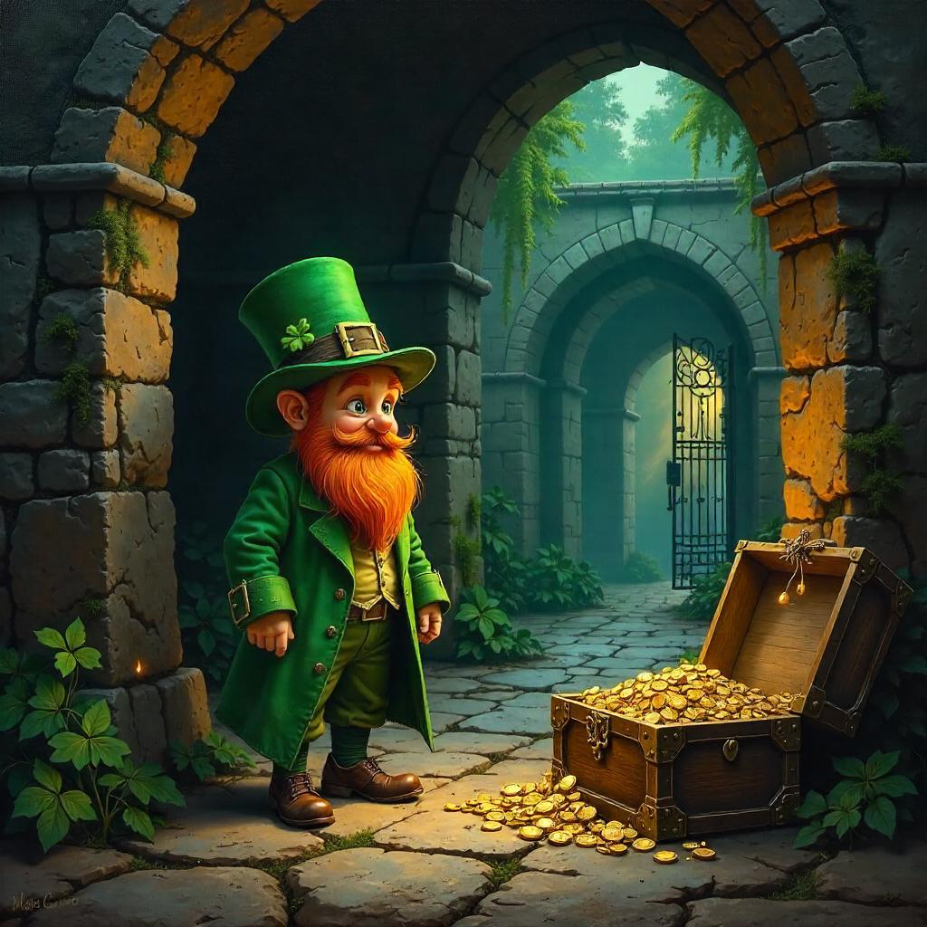 Leprechaun in a Dim Crypt: Oil Painting