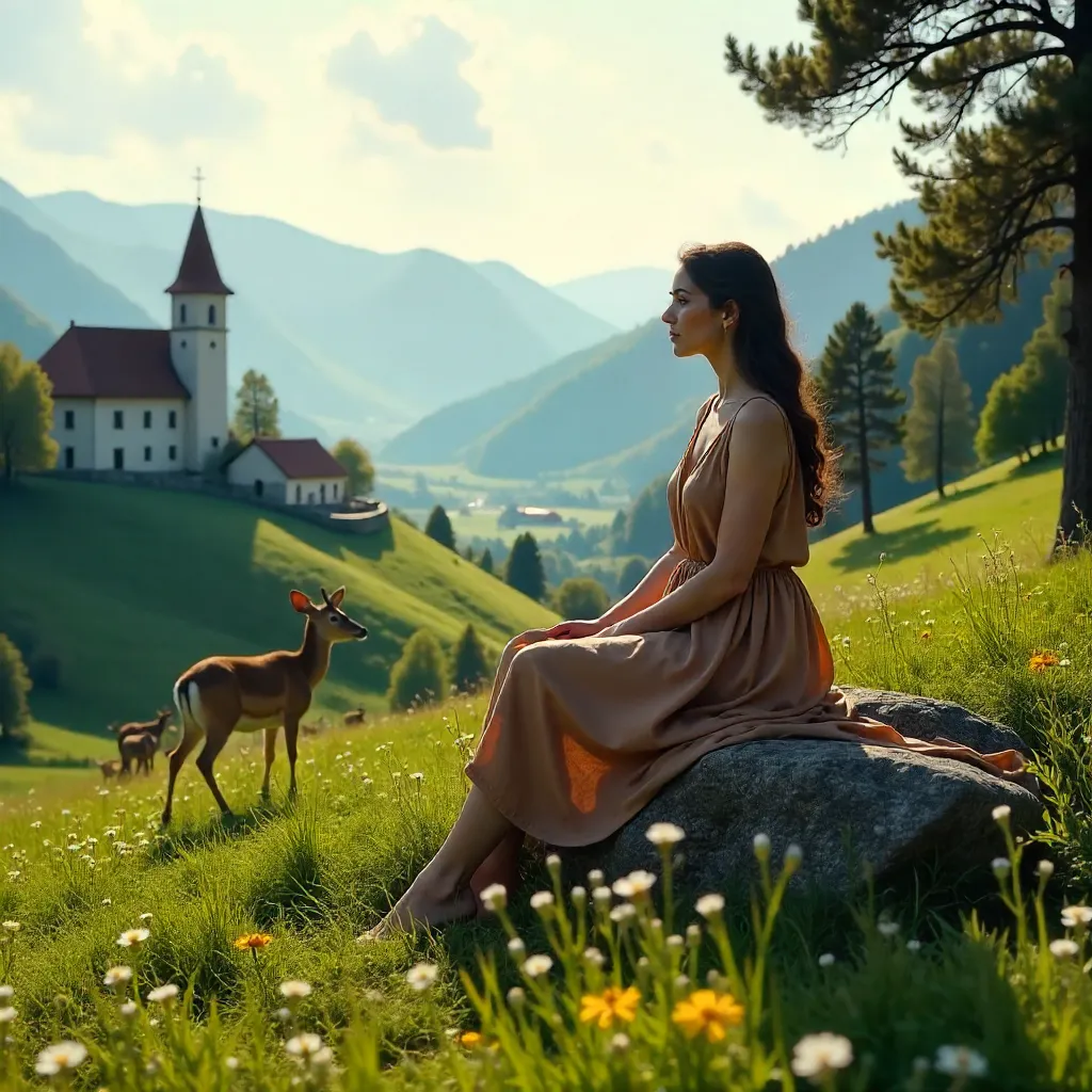 Woman Among Deer in Slovenian Alpine Landscape