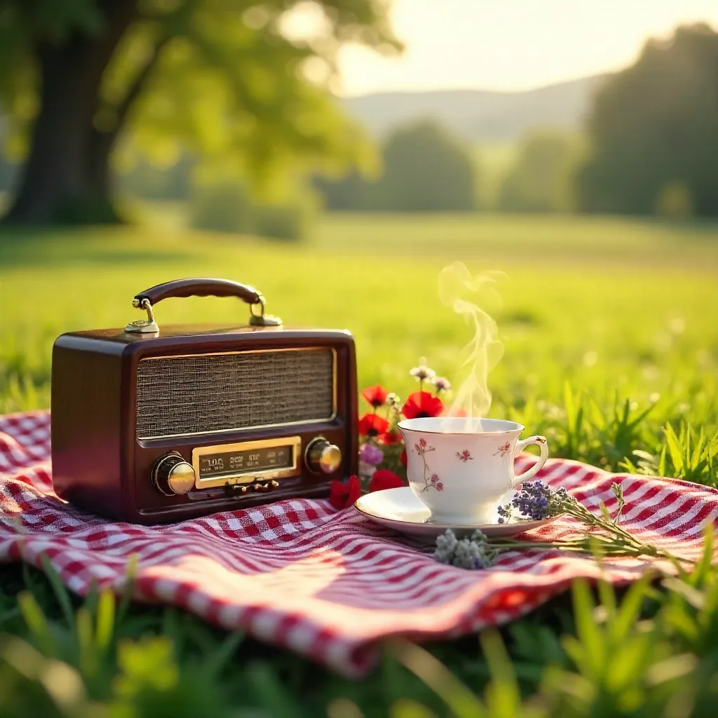 Charming Outdoor Picnic: Vintage Radio, Tea, and Flowers