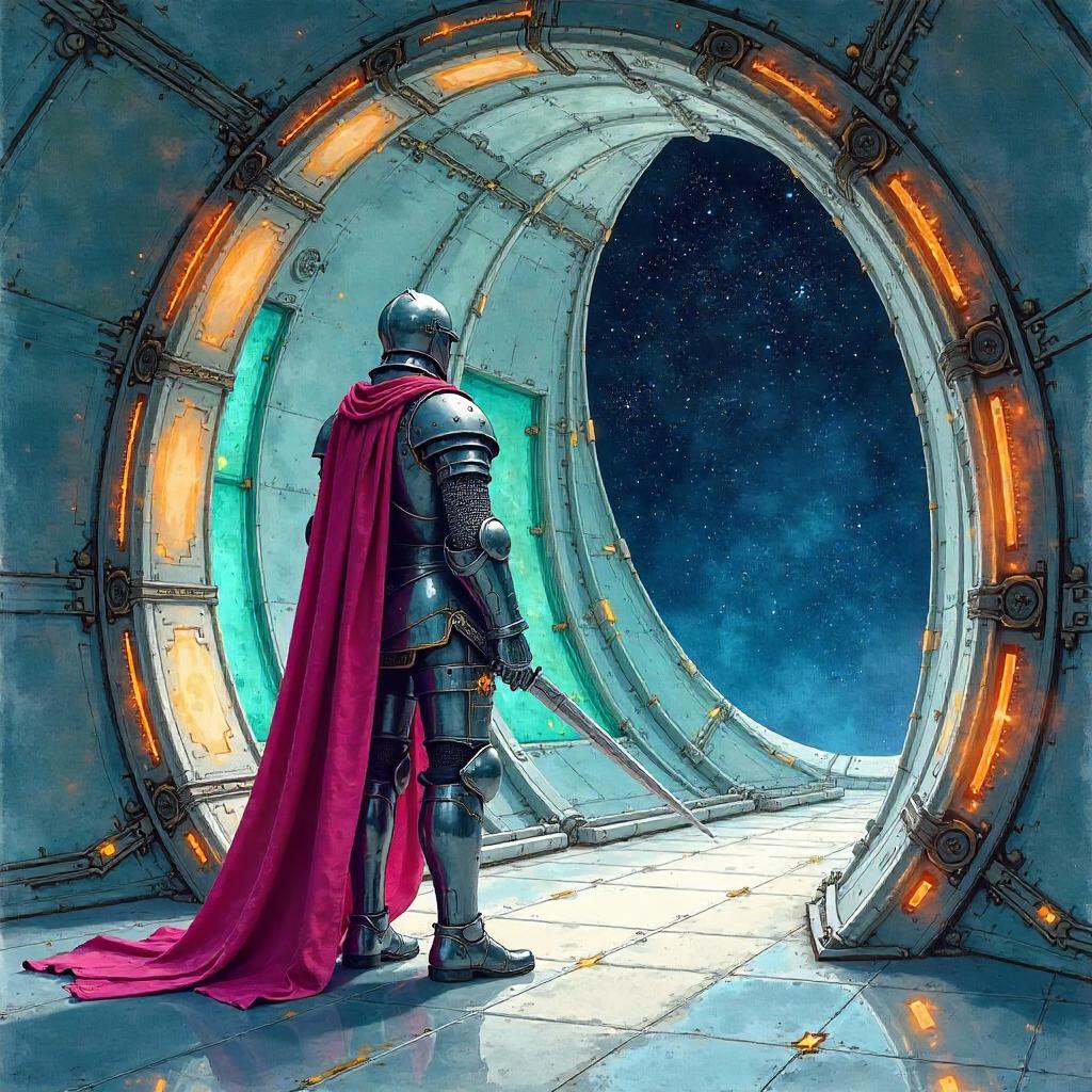 Watercolor Knight Aboard an Alien Ship
