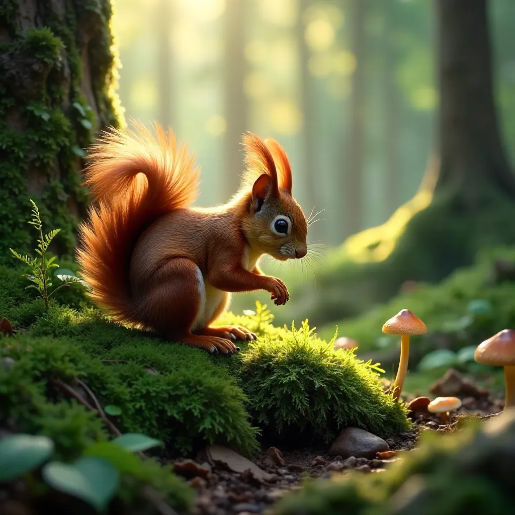 Curious Red Squirrel in a Mossy Forest