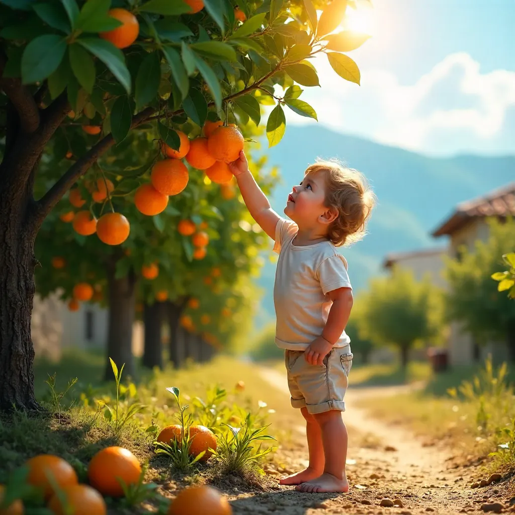 Child Reaches for Oranges in Hatay Citrus Grove