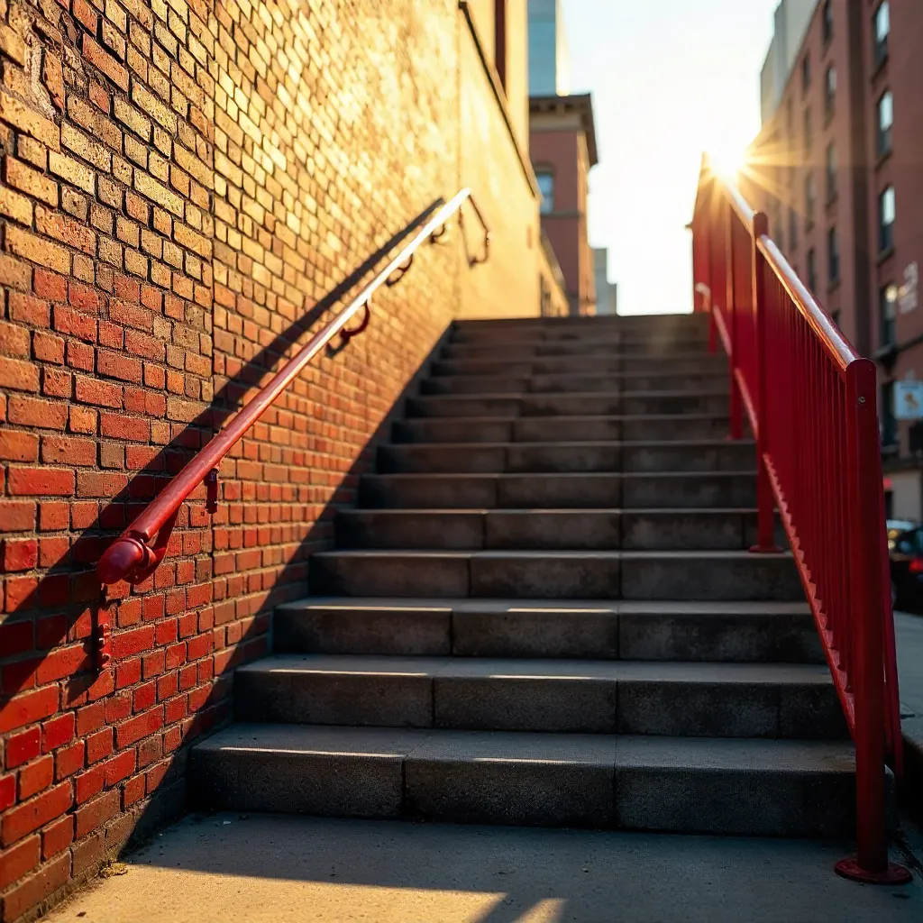 Sunlit Red Handrail on Urban Concrete Stairs