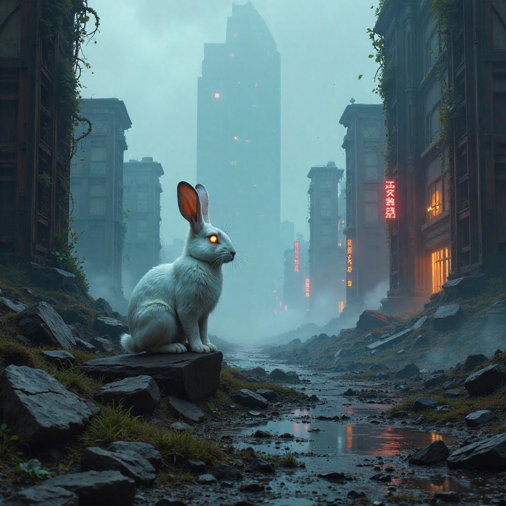 Rabbit Among Digital Ruins: Neon Overgrowth