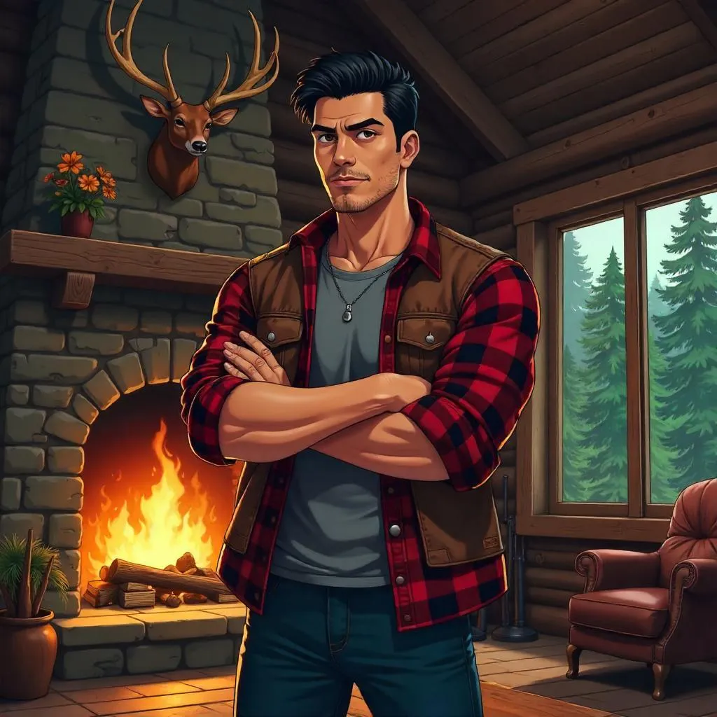 Confident Latino Hunter in an Anime Lodge
