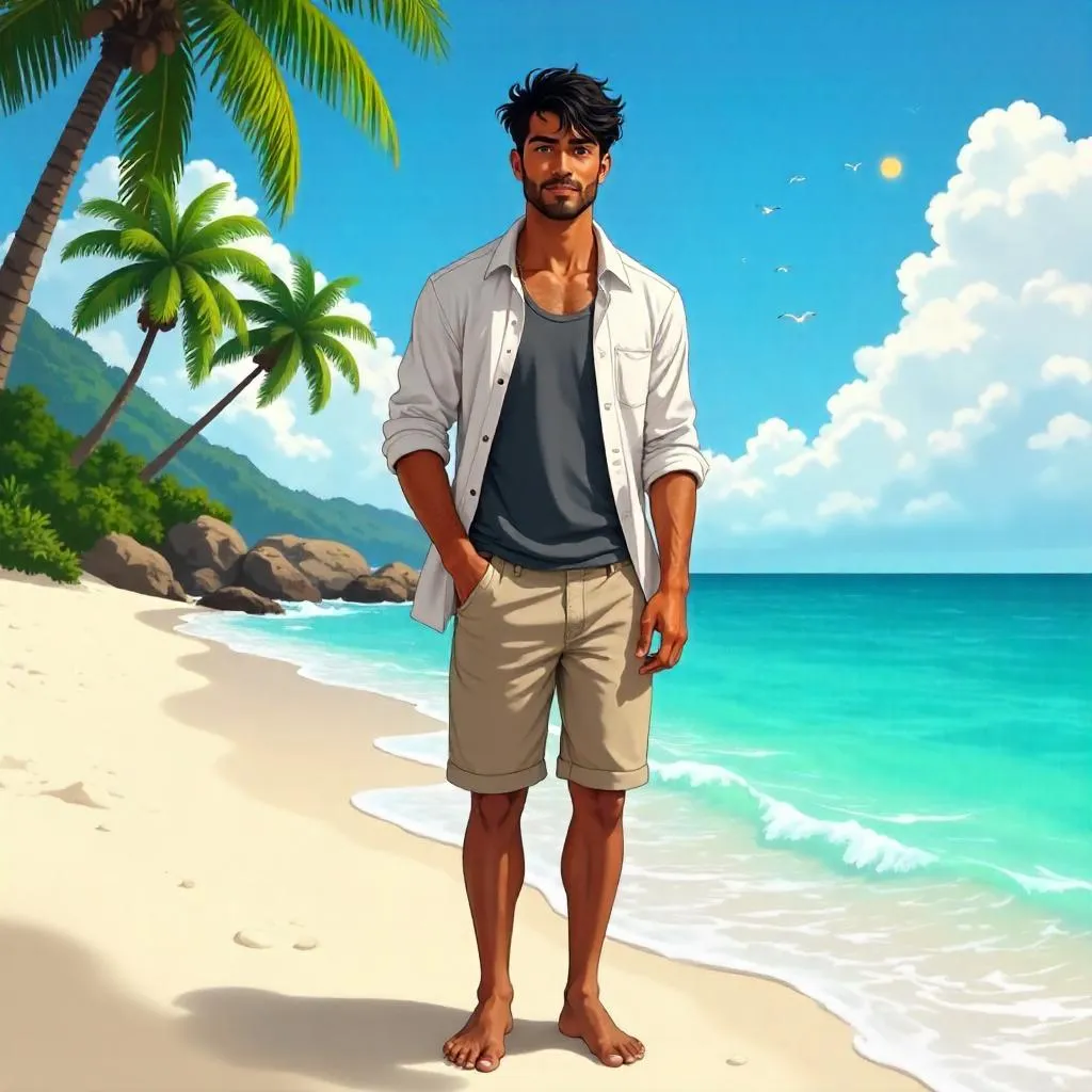 Sunlit Indian Man on Beach in Anime Style