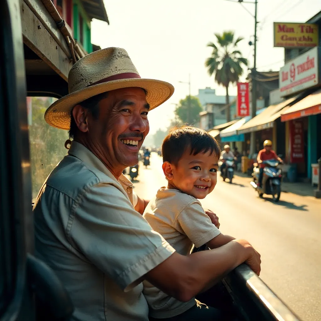 Joyful Father and Son Driving Through Can Tho