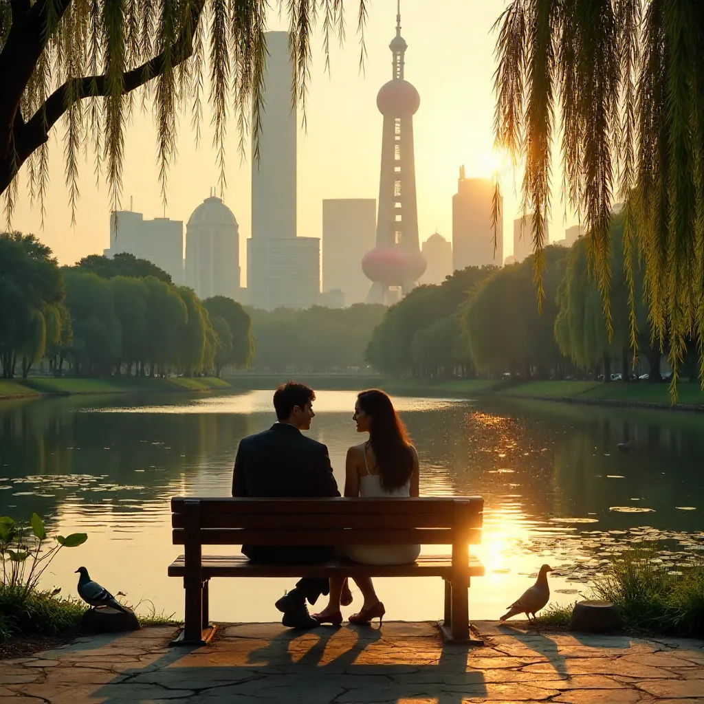 Serene Couple in Shanghai Park with Modern Skyline