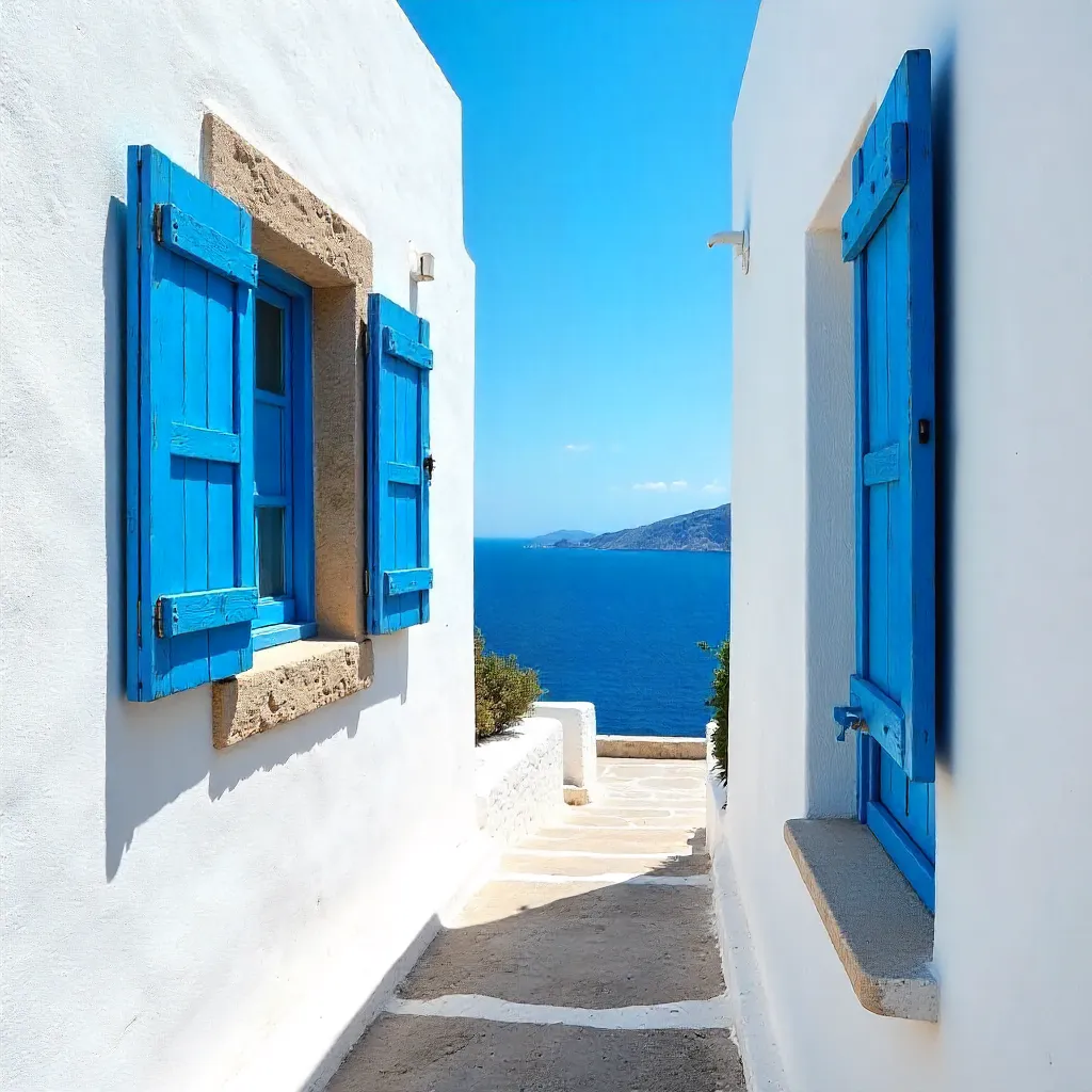 Bright blue shutters on a white Naxos wall