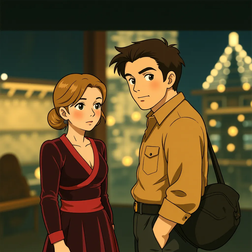 Meghann Fahy and Brandon Sklenar in Drop (2025) - Ghibli style