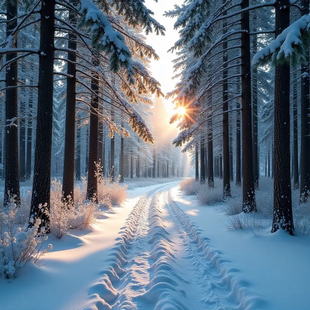 Tranquil Winter Forest Path Under Snow
