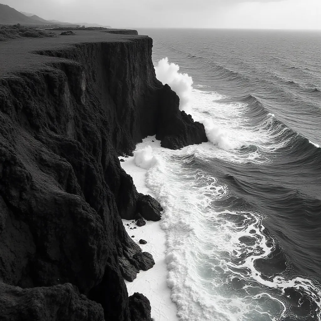 Aerial Black-and-White Waves on Rugged Shoreline